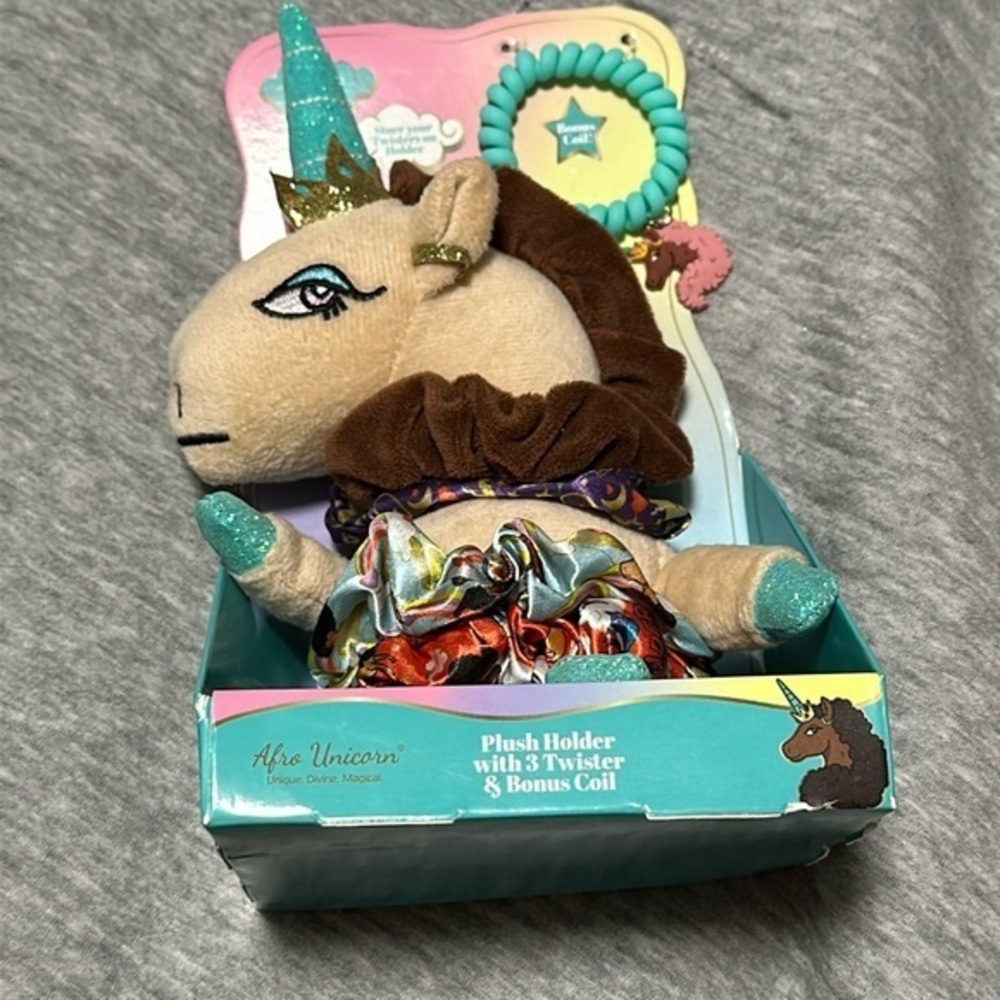 Afro unicorn toy and scrunchie set
